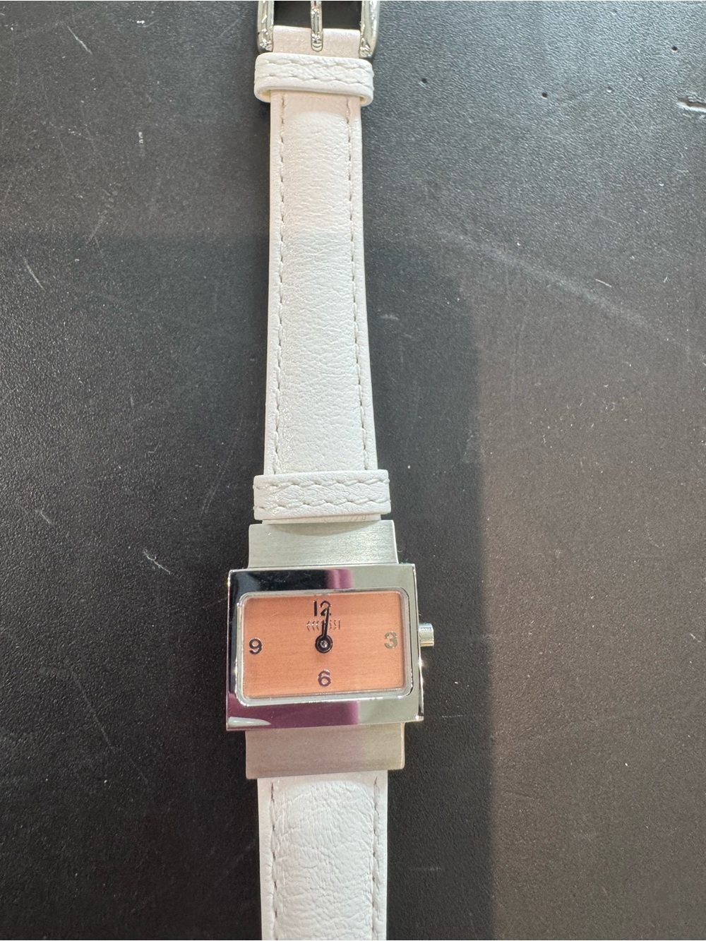 Ecclissi Silver Watch Rectangle Tank Case Salmon Copper Dial White Leather Band